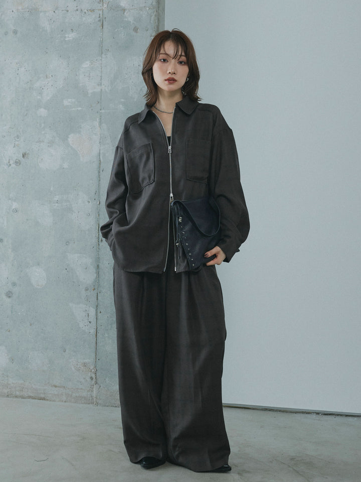 【Allure】[SET]杢チェックZIPシャツジャケット+杢チェックタックパンツ(2set)