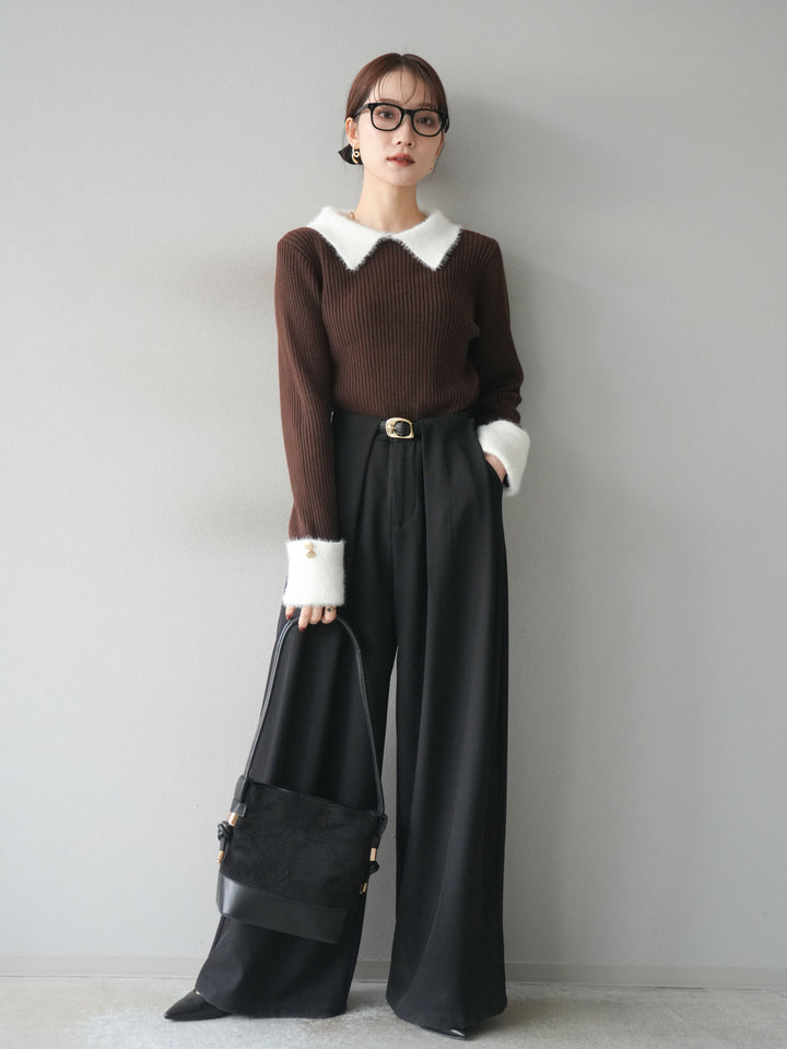 [SET]シャギー襟リブニットトップス+ベルトループデザインワイドパンツ(2set)