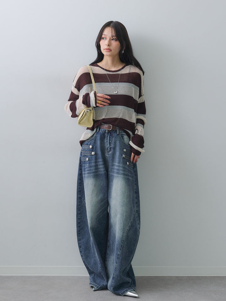 [SET]マルチボーダーメッシュニットトップス+マルチボーダーメッシュニットトップス(2set)