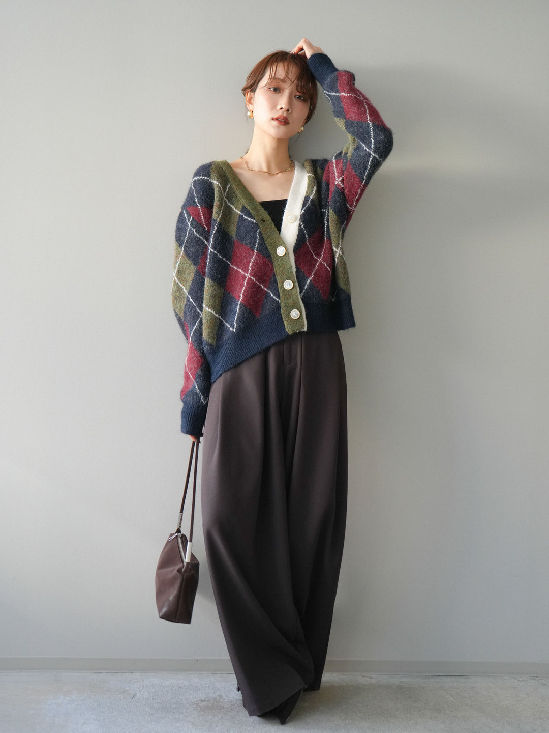 [予約]配色アーガイル柄ニットカーディガン/green
