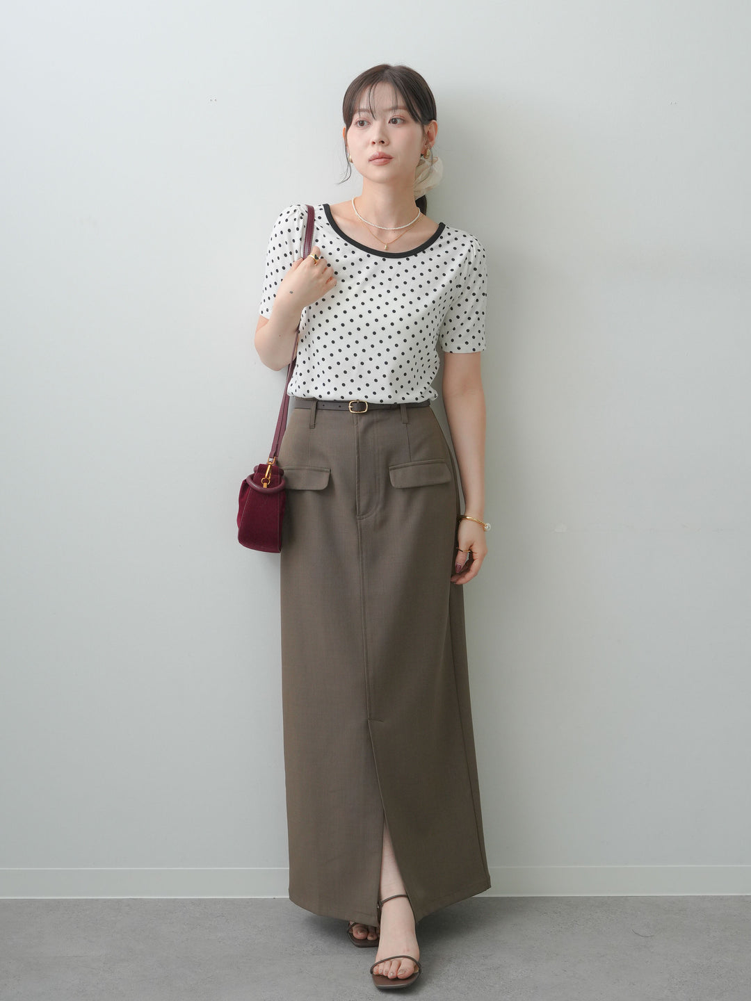 [SET]前後2wayドットバイカラーパイピングTEE+クレープデシンフラップ付きストレートスカート(2set)