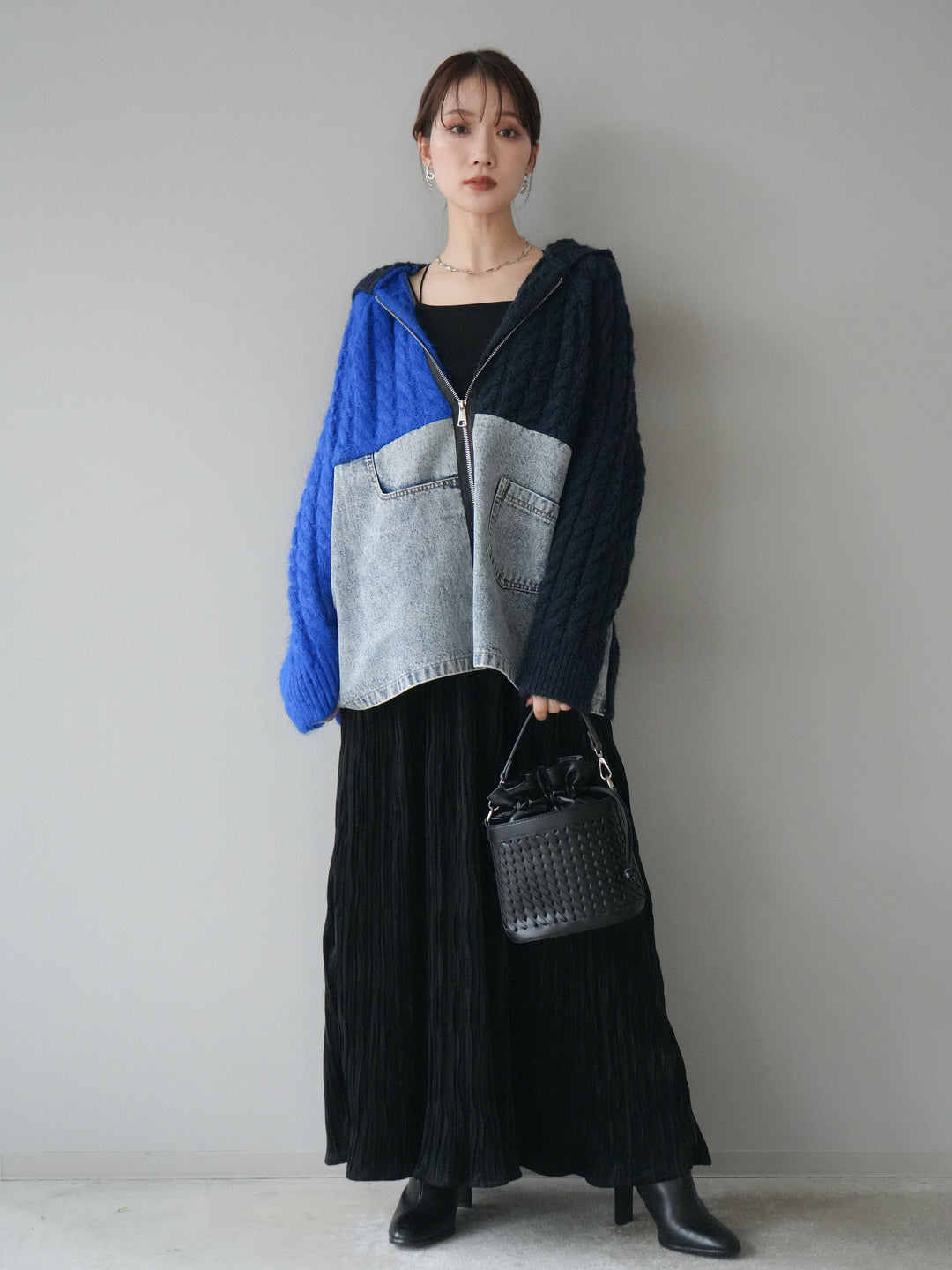[予約]デニム×バイカラーニットZIPフーディ/blue