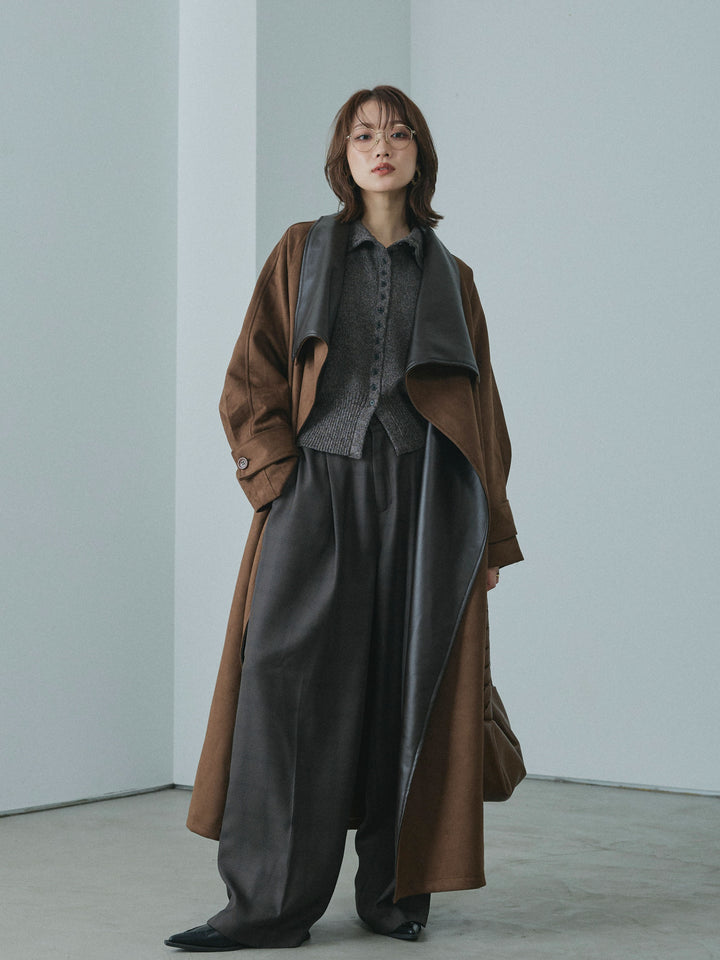 【Allure】[SET]レザーカラースウェードロングコート+ミックスハイネックカーディガン(2set)