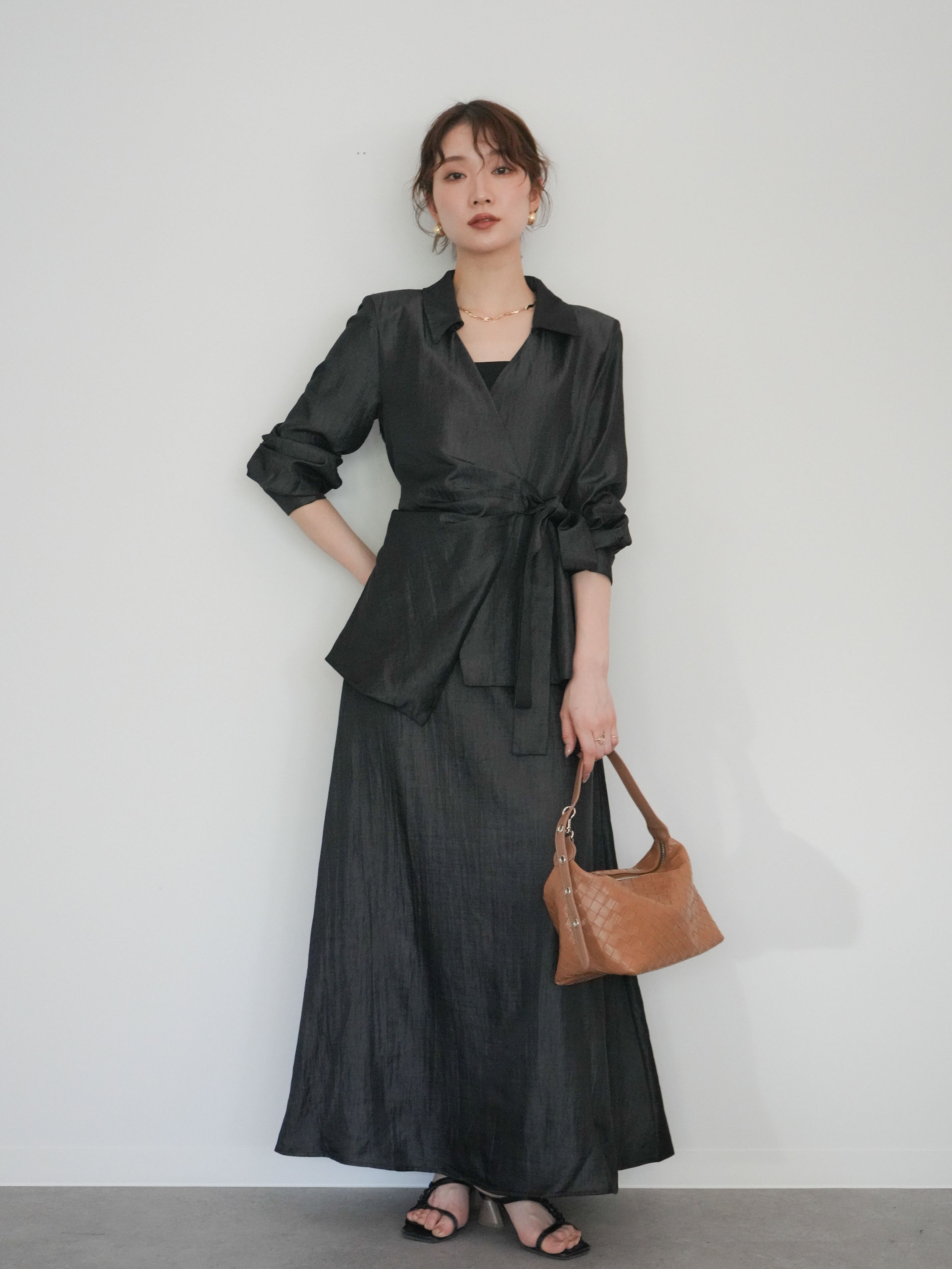 SET]バックレースカシュクールブラウス&ナローフレアマキシスカートSET