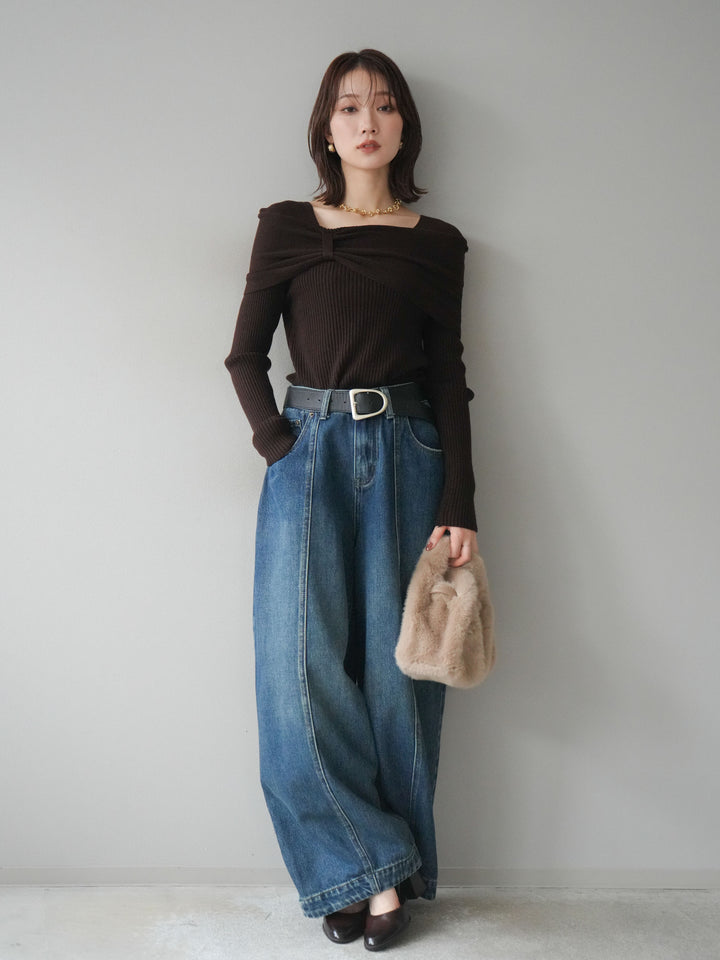 [予約]リボンモチーフオフショルリブニットトップス/brown