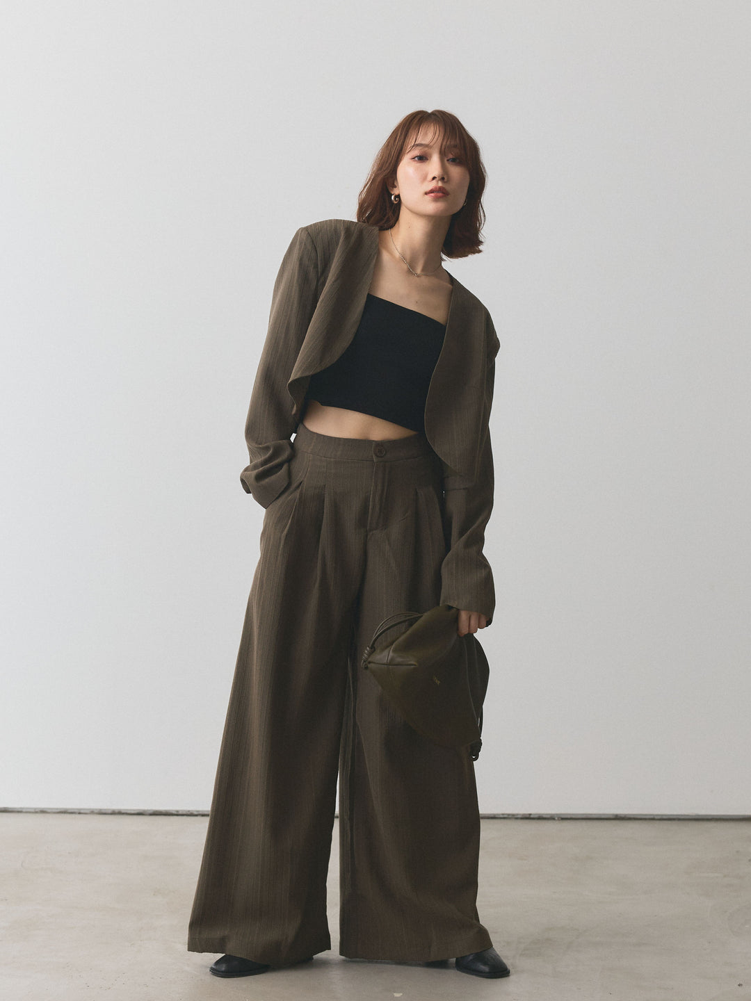 【Allure】[SET]ヘリンボーンショートジャケット＆ワイドパンツSET UP+ヘリンボーンショートジャケット＆ワイドパンツSET UP(2set)