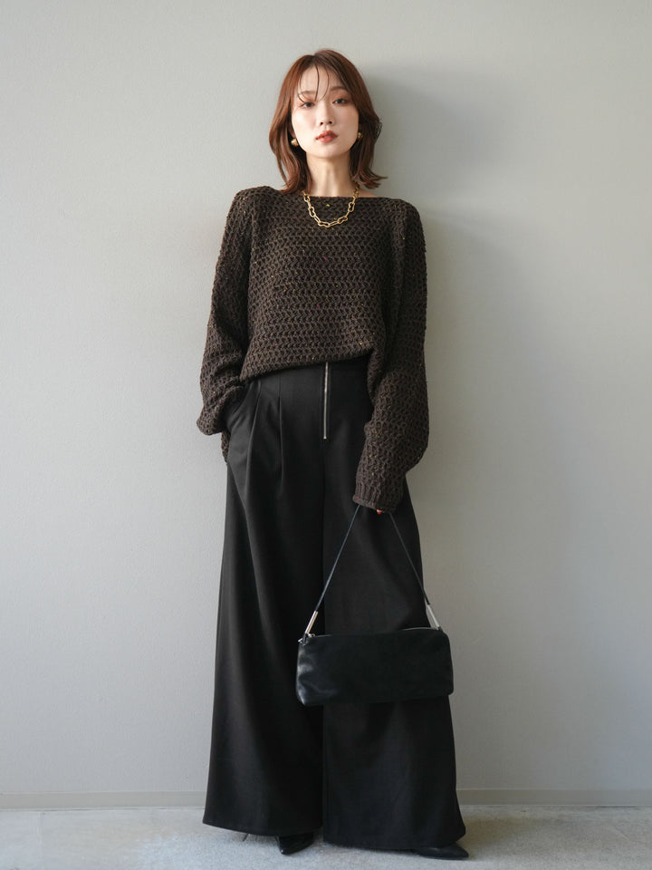 [予約]ネップ透かし編みオーバーニット/brown