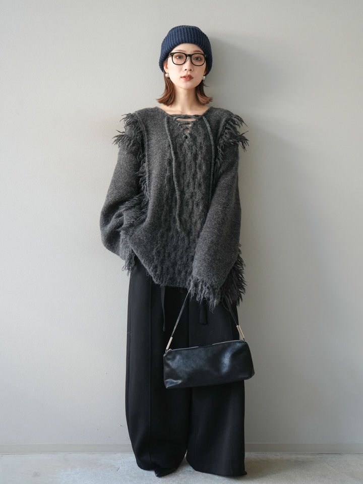 [予約]レースアップフリンジニットプルオーバー/gray