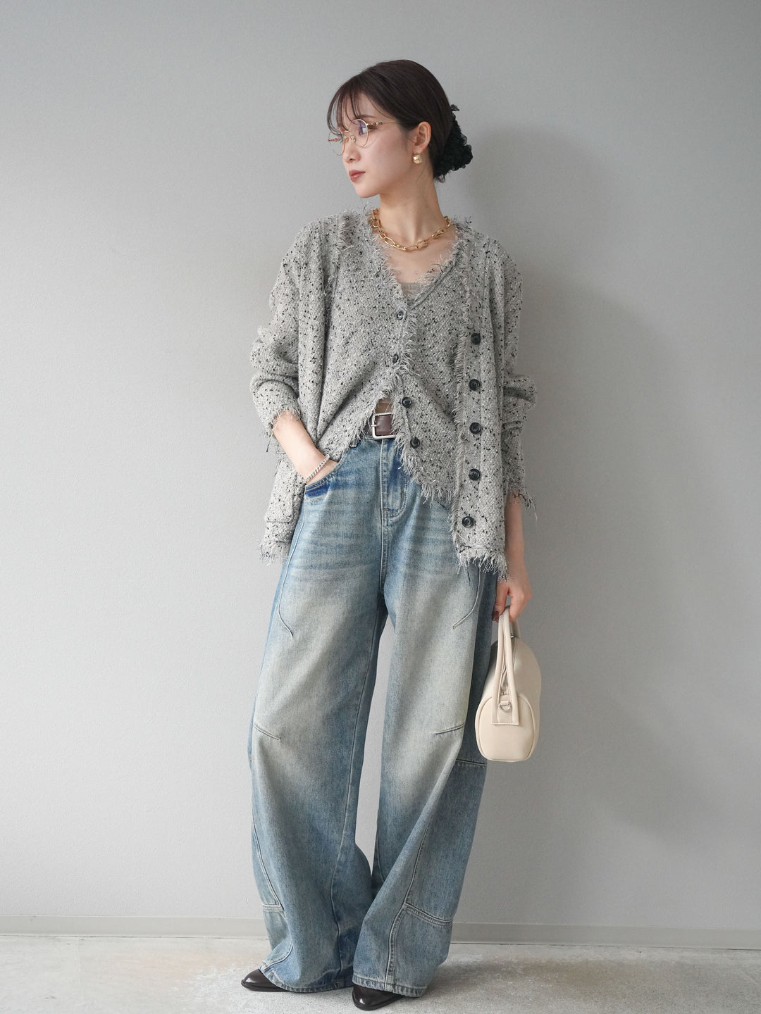 [予約]ネップフリンジニットカーディガン/khaki