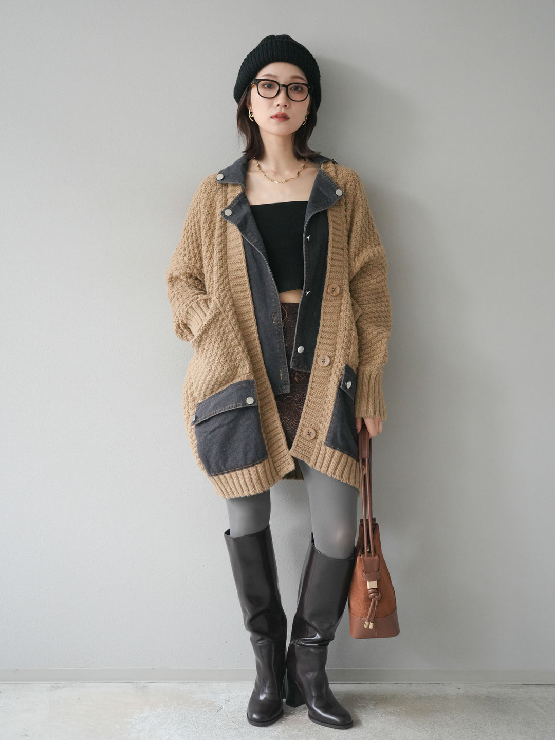 [予約]デニム襟レイヤードニットジャケット/beige