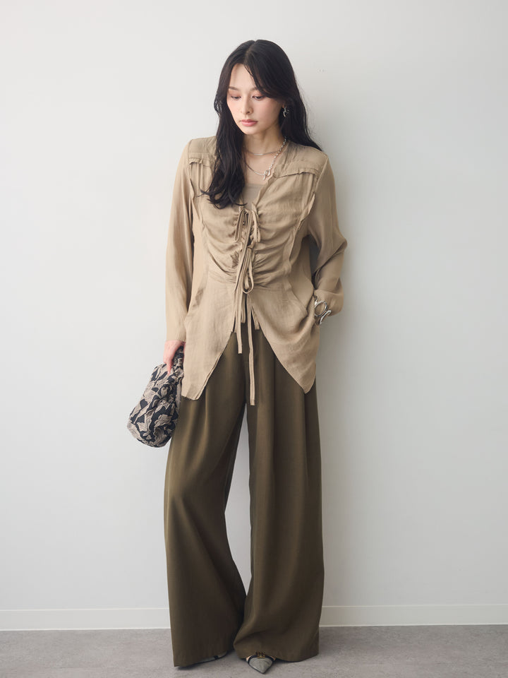 [SET]フロントギャザーリボンブラウス+ツータックドレープストレートパンツ(2set)