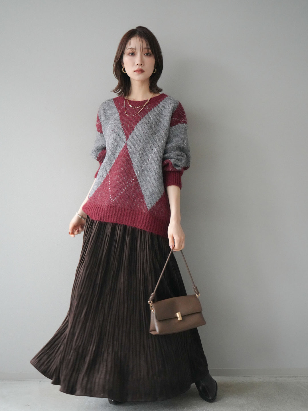 [予約]アーガイルオーバーニットプルオーバー/bordeaux
