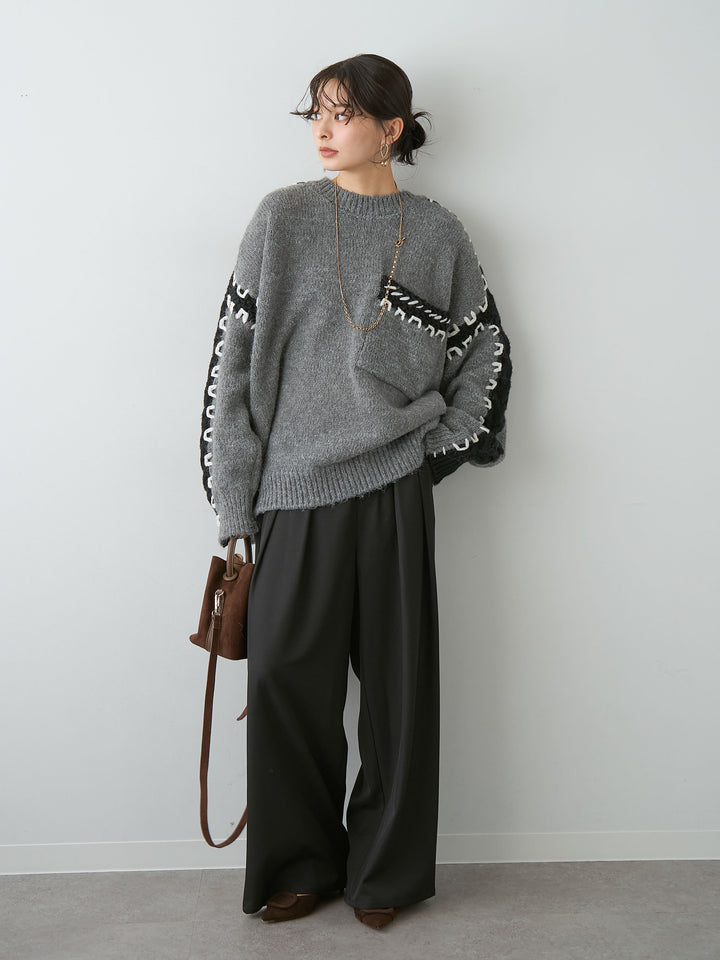 [予約]ハンドステッチデザインニットトップス/gray