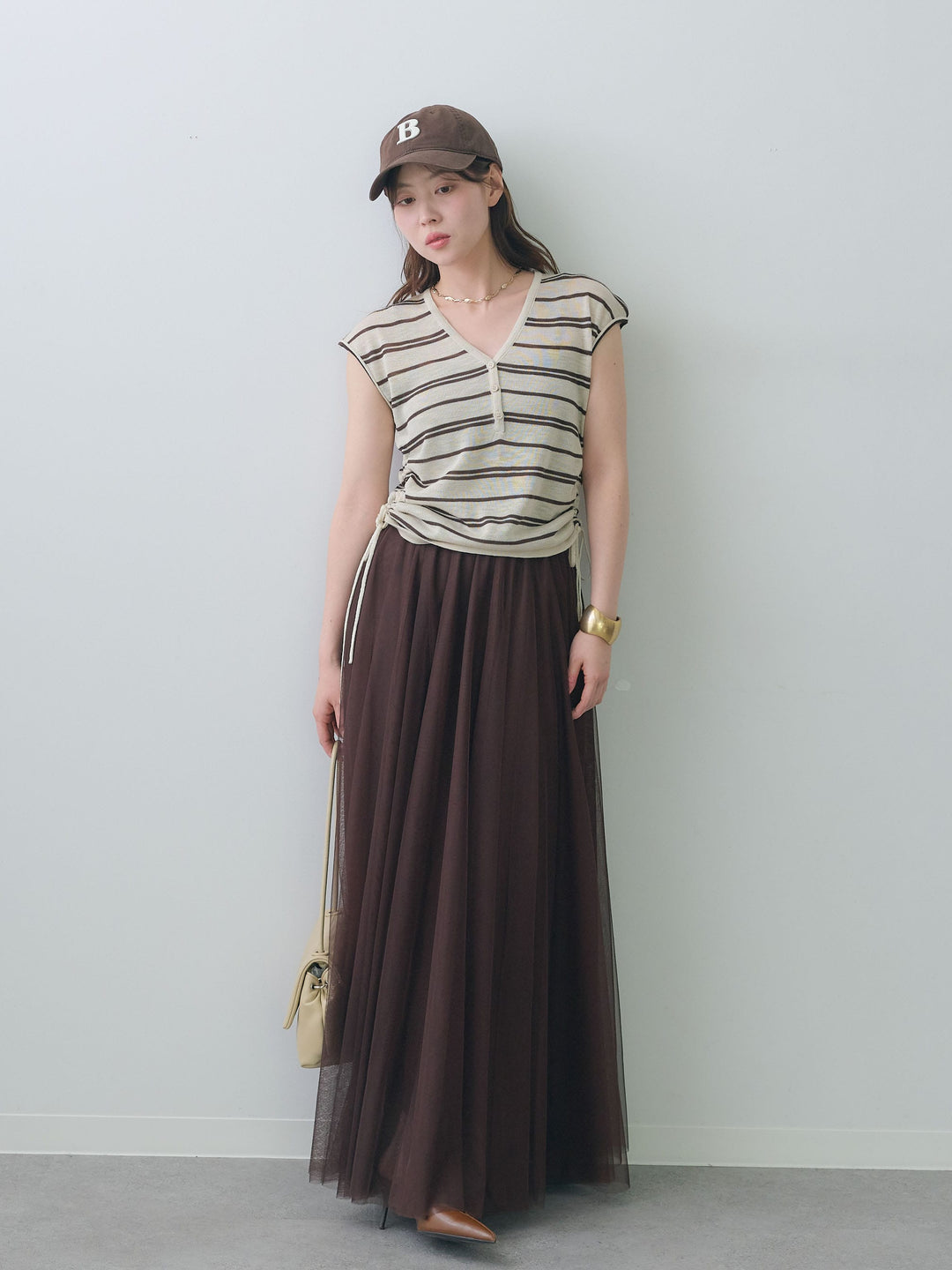 [SET]サイドギャザーボーダーVネックニットノースリトップス+チュールボリュームスカート(2set)