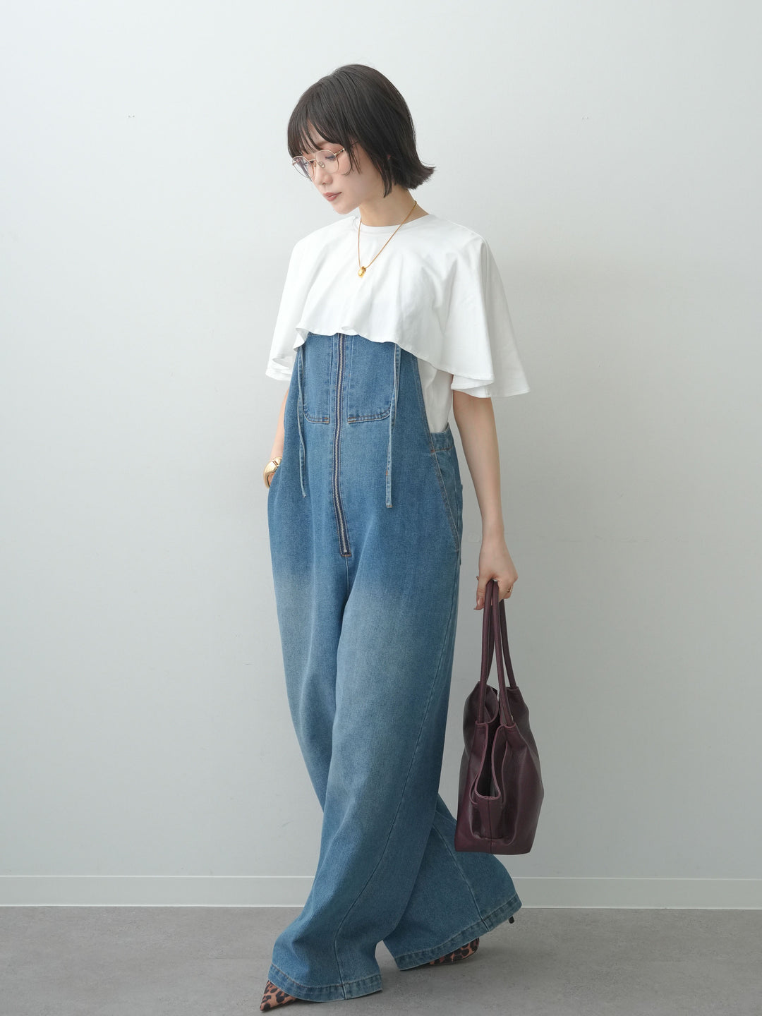 [SET]前後2wayケープTEE+フロントジップデニムサロペット(2set)