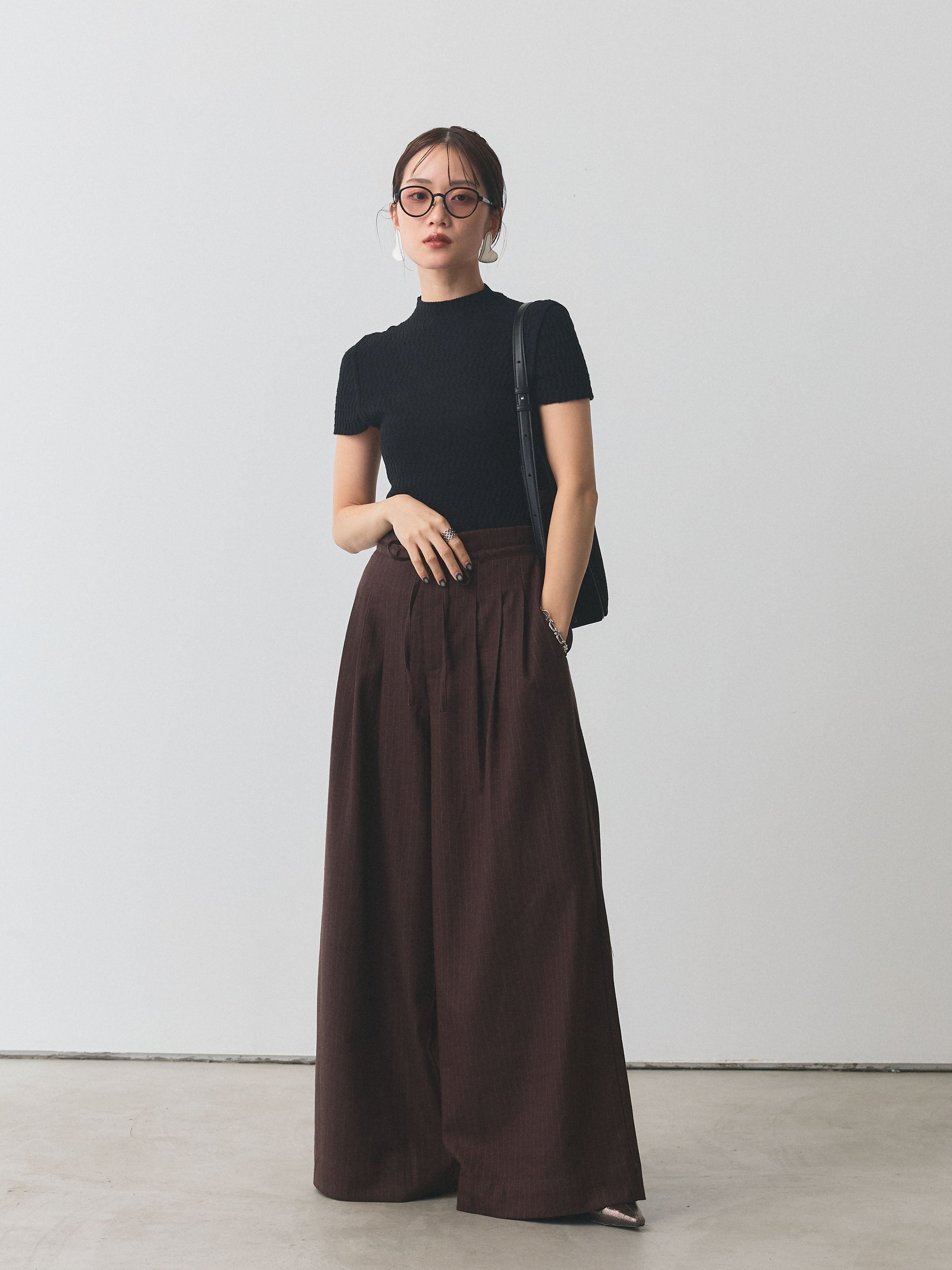 予約]ウールライクストライプワイドパンツ/ブラウン – Lumier