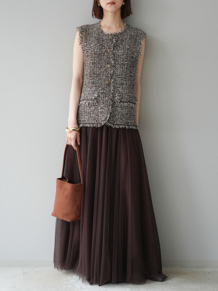 [予約]ミックスツイードフリンジニットベスト/ブラウン