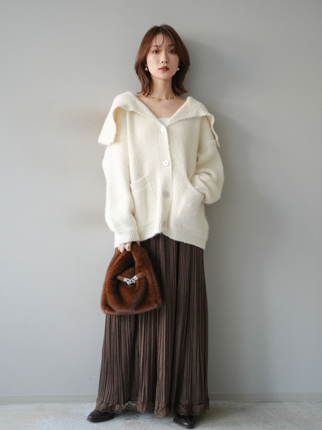 [予約]襟付きボタンオーバーニットカーディガン/ivory