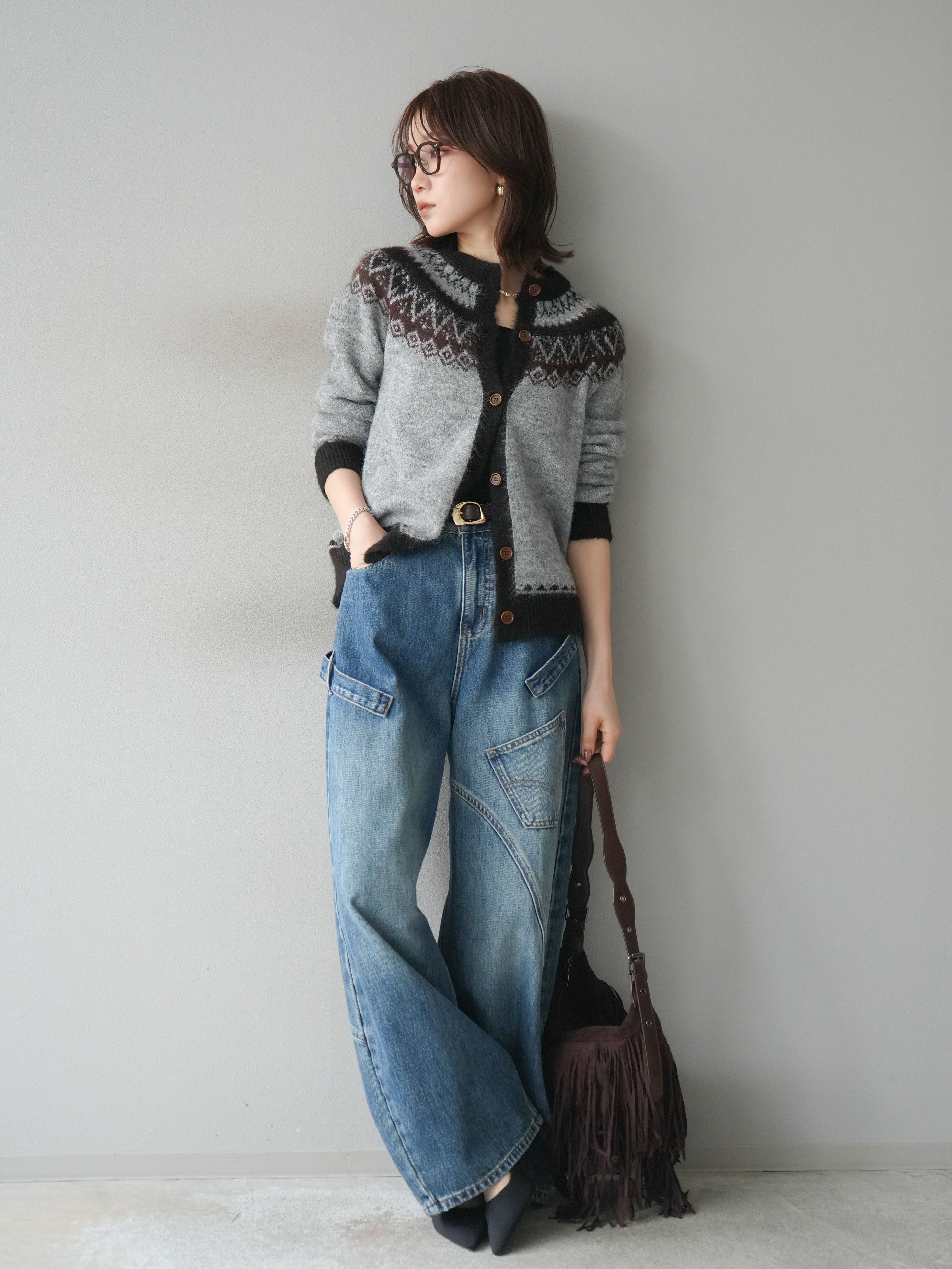 SET]ノルディック柄ニットカーディガン+ペインターカーブデニムパンツ
