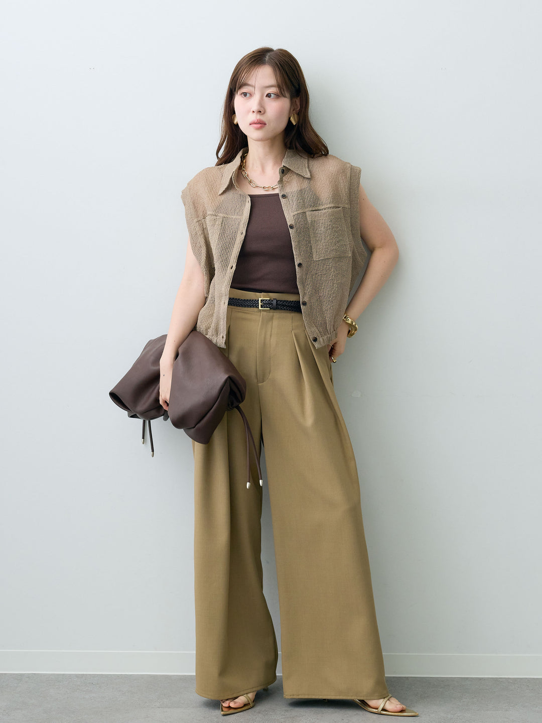 [SET]ラッセルメッシュフレンチシャツ+クレープデシンタックワイドパンツ(2set)