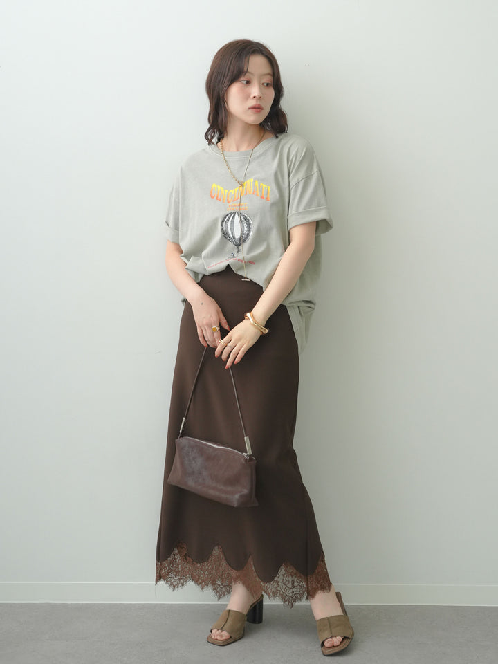 [SET]ヴィンテージライクプリントオーバーTEE+レースヘムストレッチIラインスカート(2set)