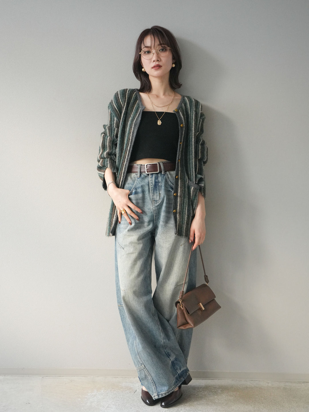 [予約]アンティークボタンストライプニットカーディガン/charcoal