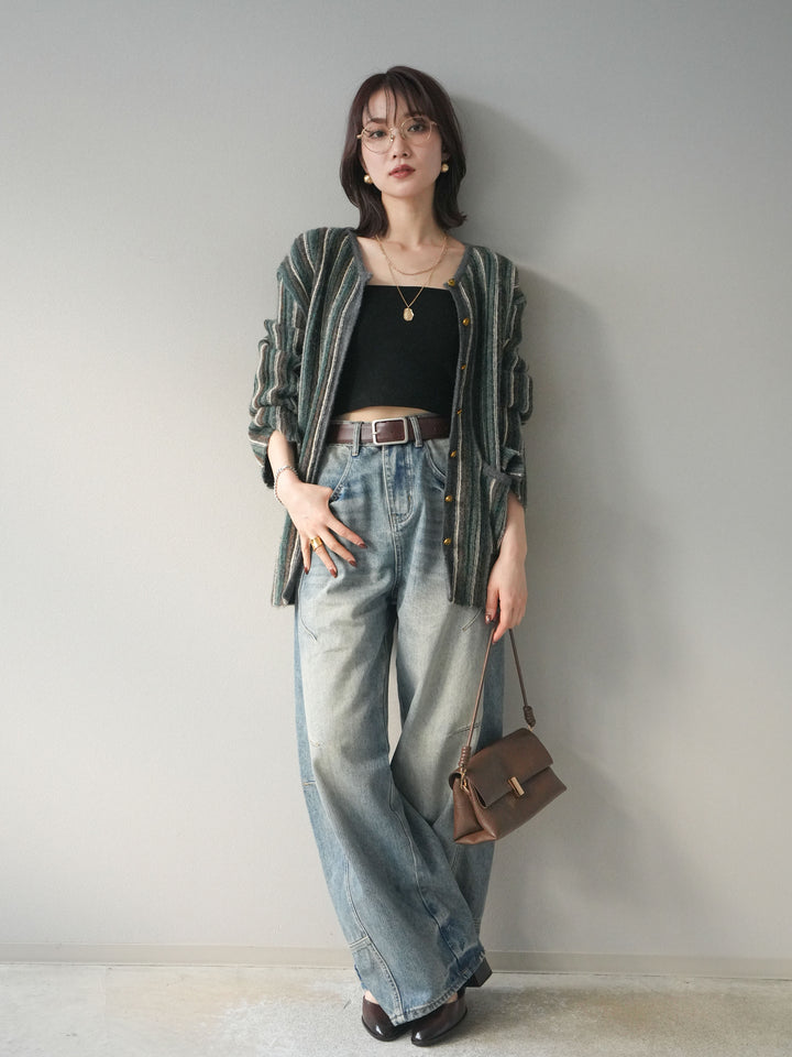 [予約]アンティークボタンストライプニットカーディガン/charcoal