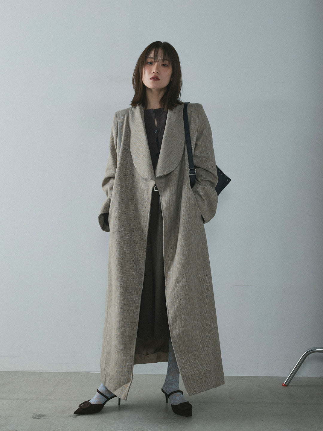 【Allure】[SET]ツイードタッチロングコート+デザインショートニットカーディガン(2set)