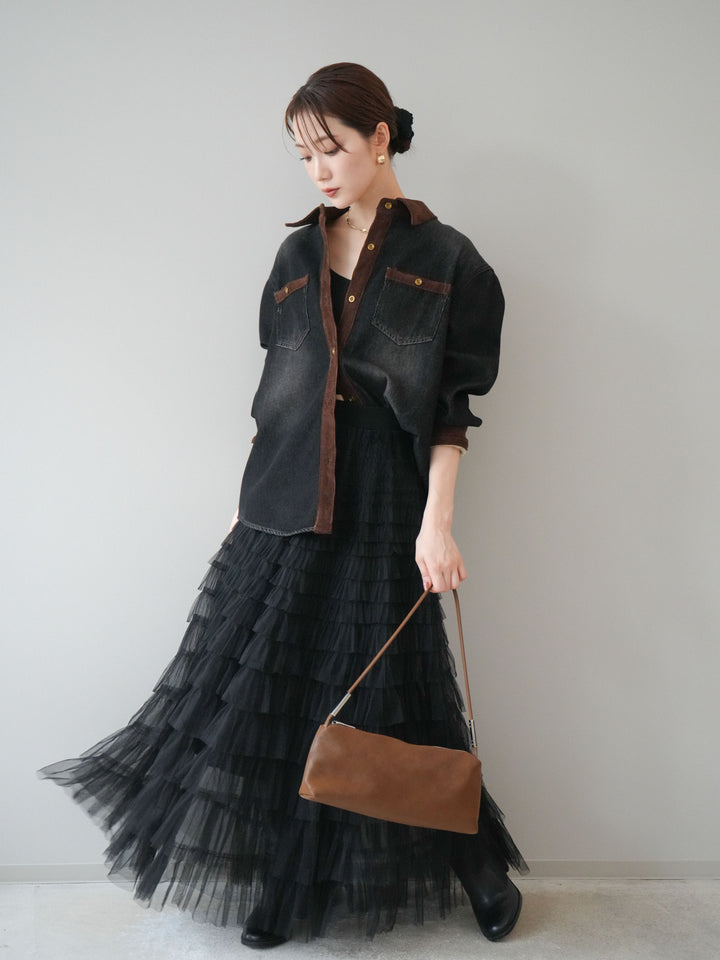 [予約]裏起毛コーデュロイ襟デニムシャツジャケット/black