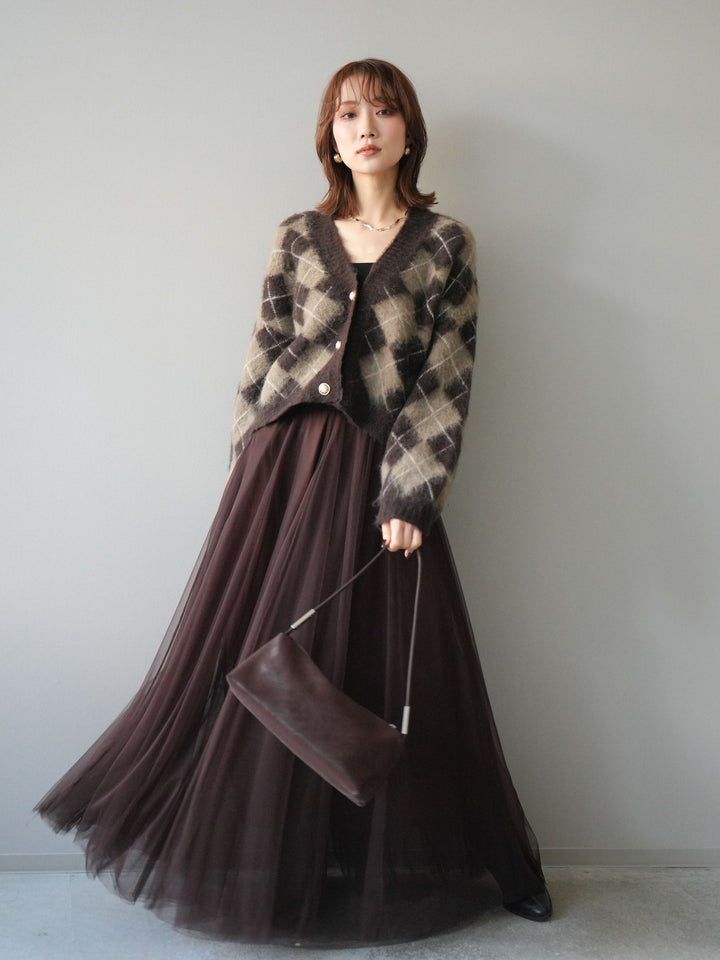 [予約]アーガイルシャギーニットカーディガン/brown