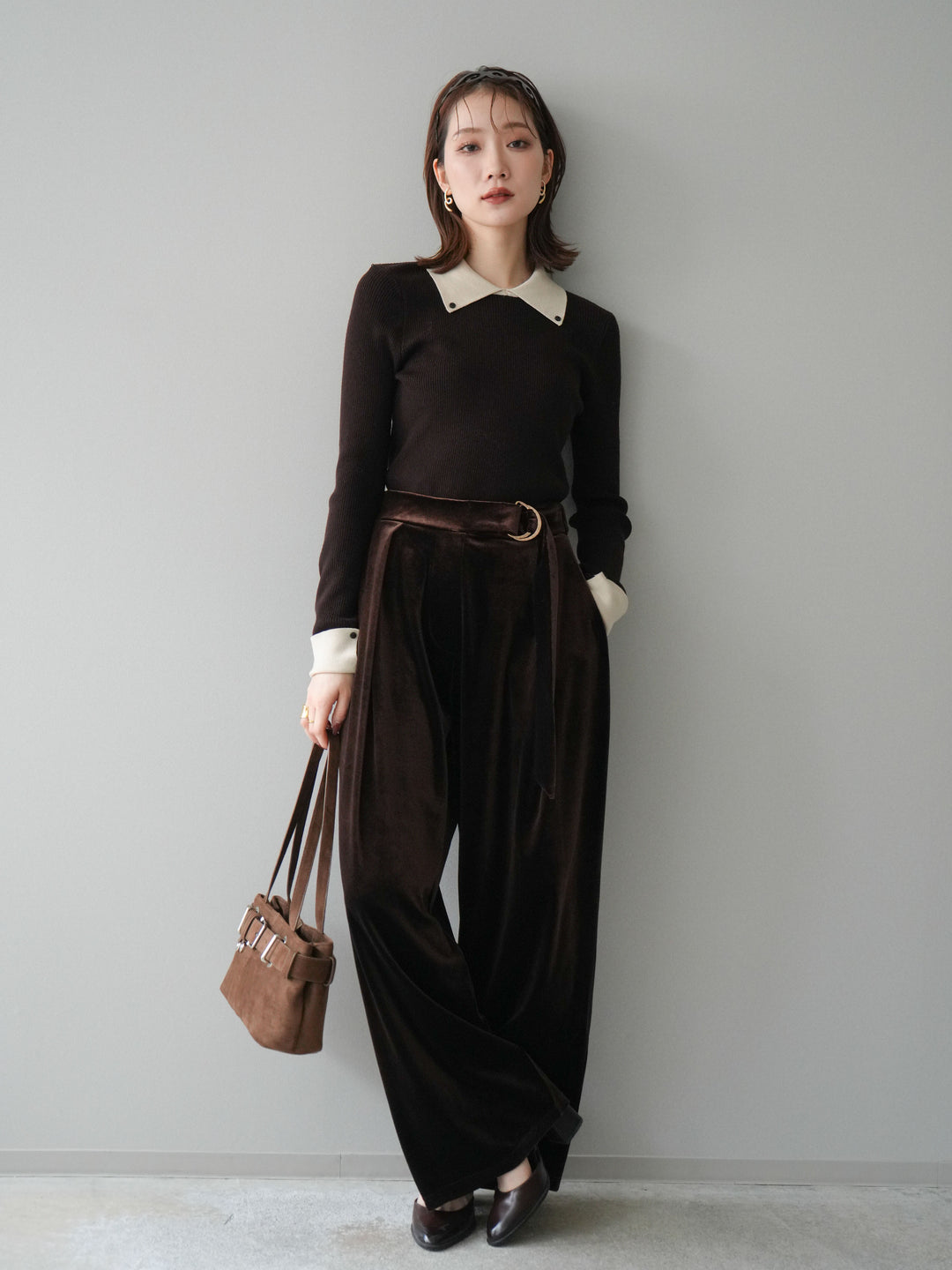 [予約]ニットカフス襟付き配色リブニットトップス/brown