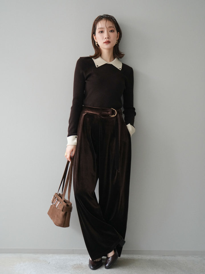 [予約]ニットカフス襟付き配色リブニットトップス/brown