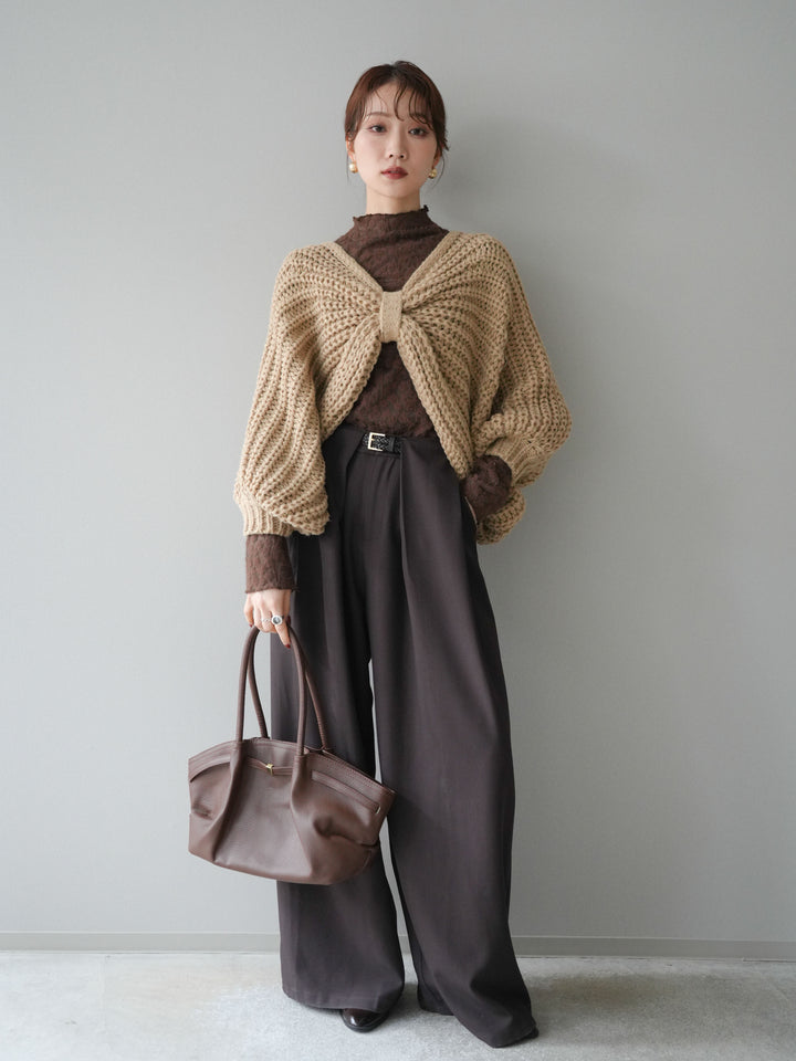 [SET]ローゲージ畦編みドルマンニットボレロ+起毛レースプチネックトップス+ベルトループデザインワイドパンツM(3set)