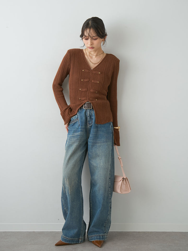 [予約]ナポレオンVネックリブニットトップス/brown