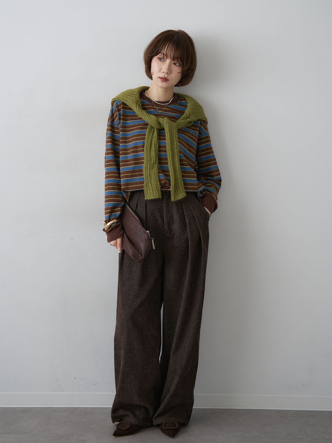 [SET]マルチボーダーロンTEE+ベロアデニムタックワイドパンツ(2set)