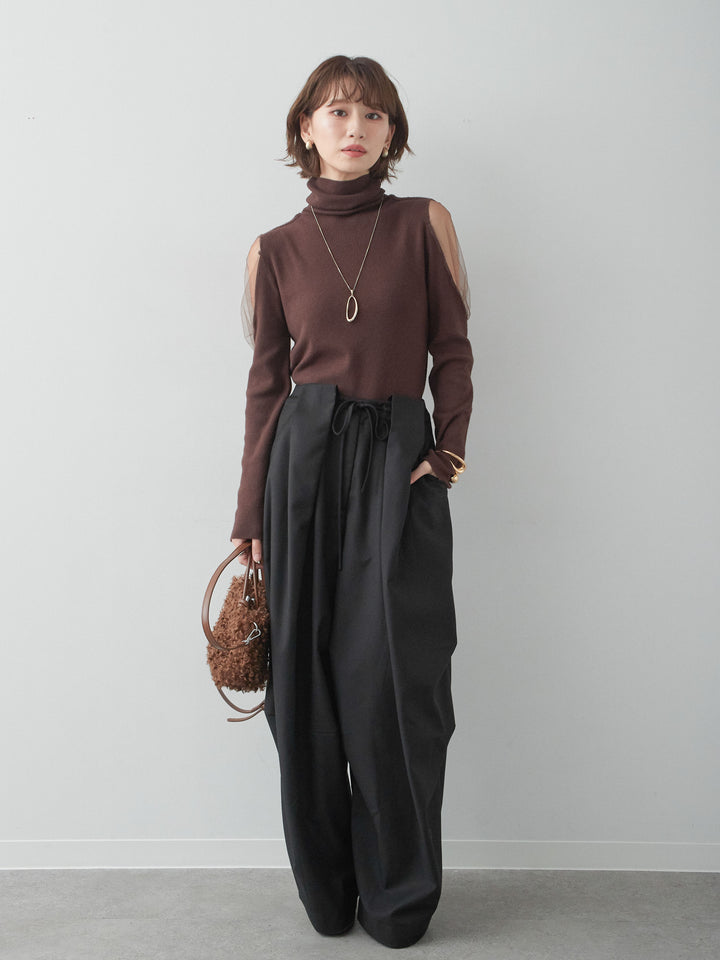 [予約]ショルダーチュールハイネックニットトップス/brown