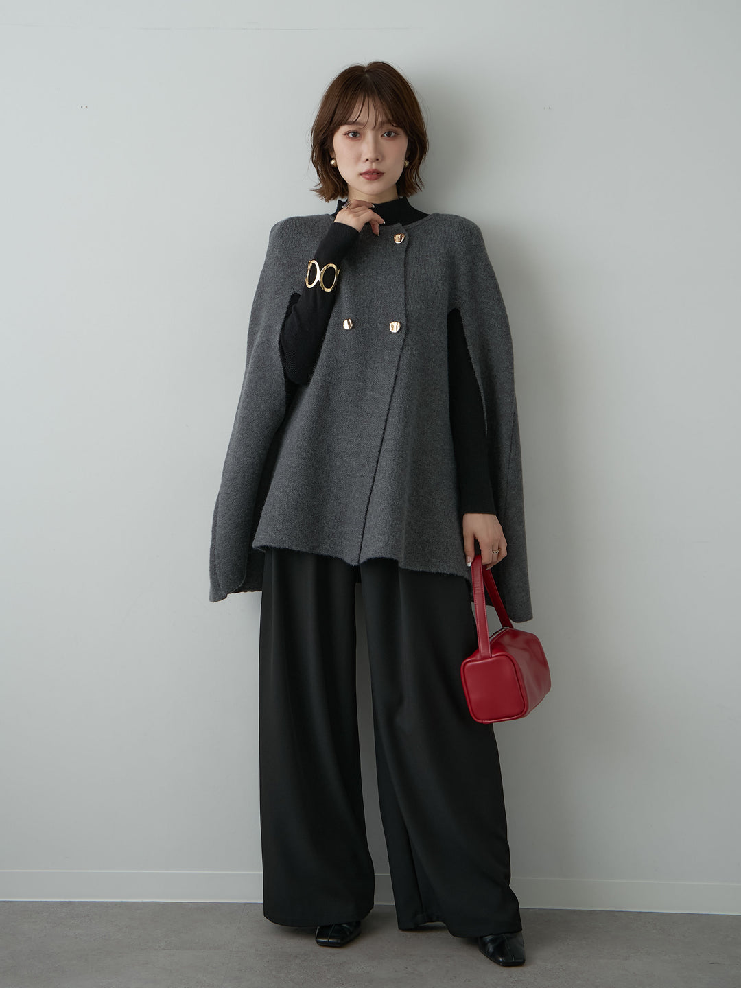 [予約]ゴールドボタンニットケープコート/gray