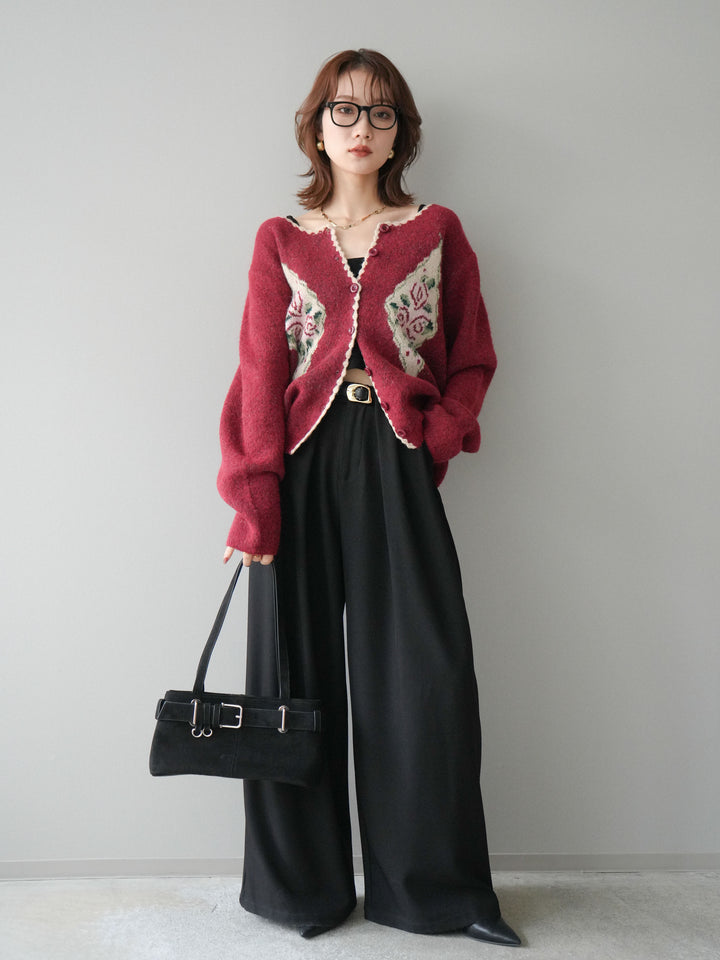 [予約]アンティークフラワージャガードニットカーディガン/red