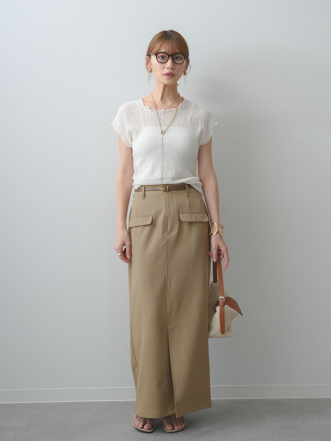 [SET]シャーリングシアーバックオープンフレンチトップス+クレープデシンフラップ付きストレートスカート(2set)