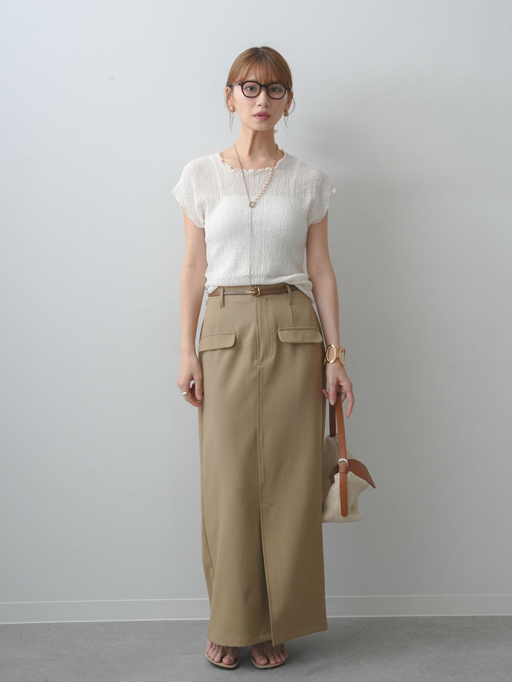 [SET]シャーリングシアーバックオープンフレンチトップス+クレープデシンフラップ付きストレートスカート(2set)