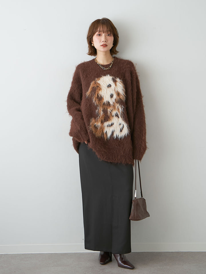[予約]シャギードッグモチーフニットトップス/brown