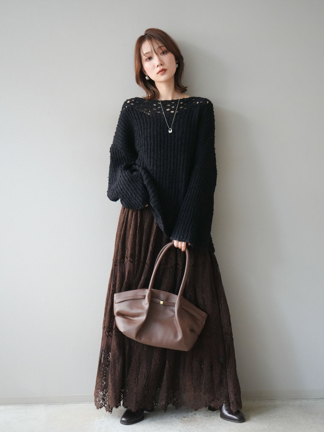 [予約]ボートネック透かし編みニットプルオーバー/navy