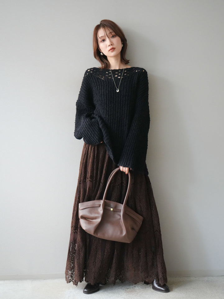 [予約]ボートネック透かし編みニットプルオーバー/navy