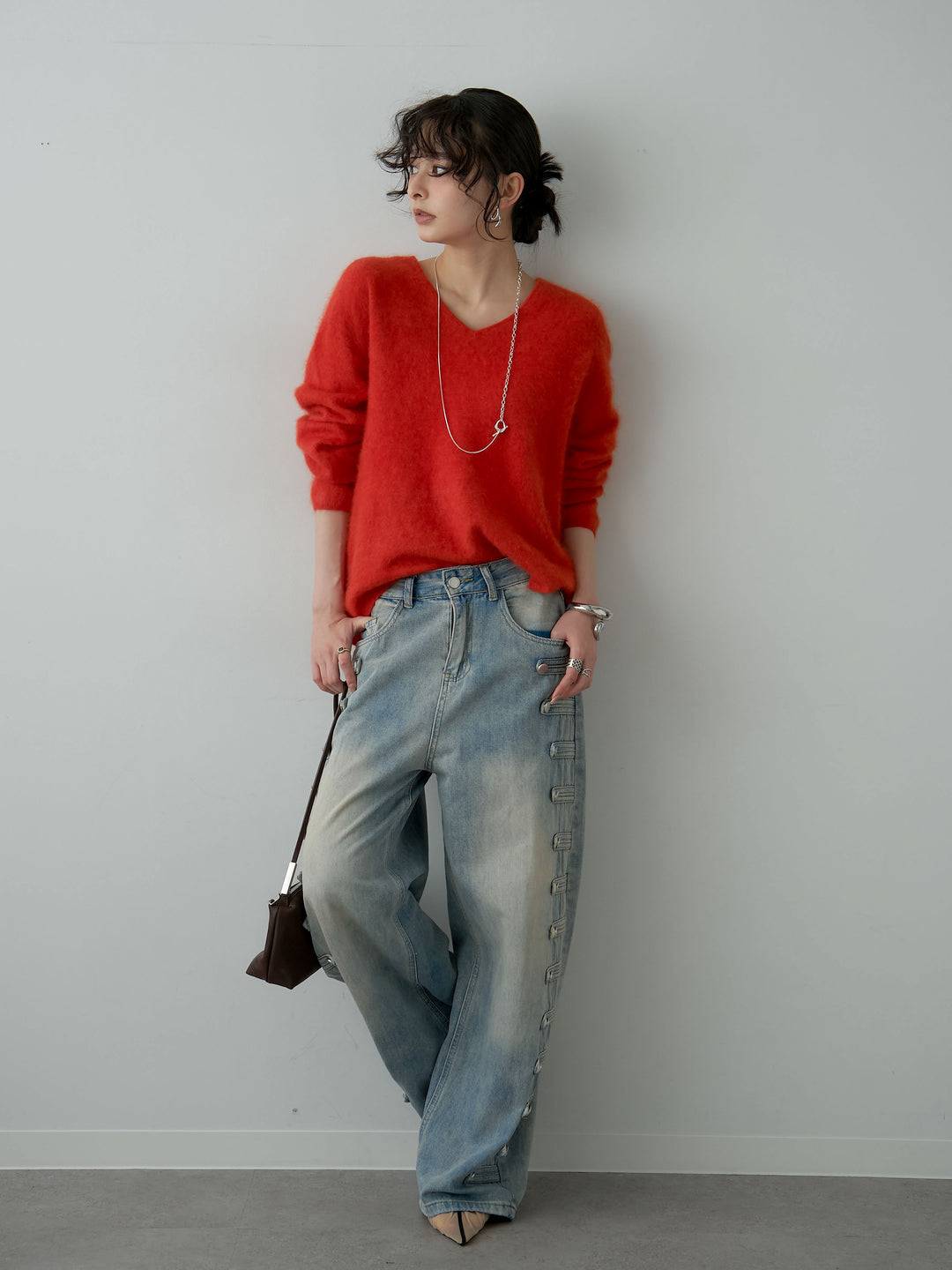 [予約]カシミア混フェザータッチVネックニットトップス/orange