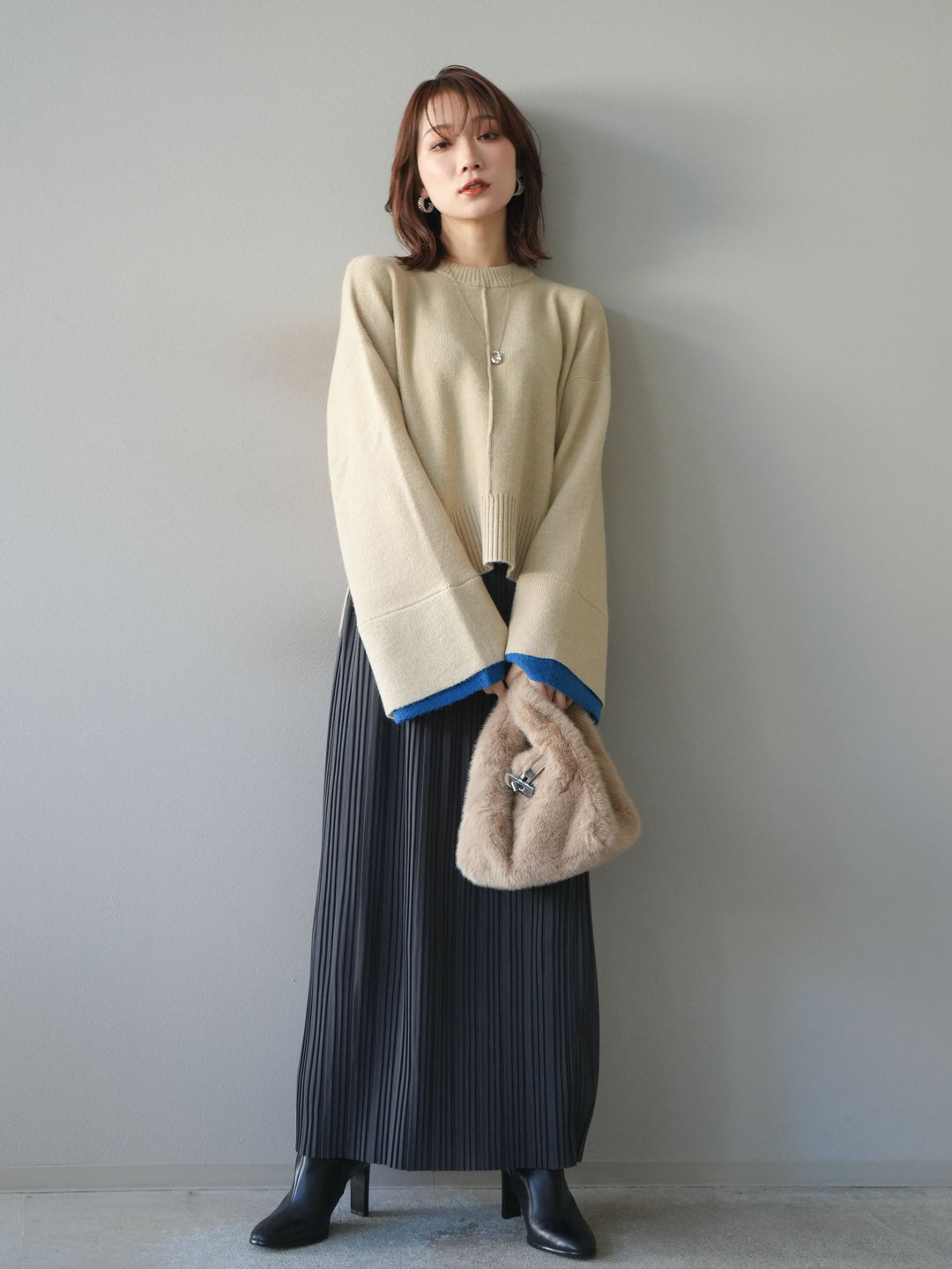 [SET]袖レイヤード配色ニットプルオーバー+プリーツIラインスカート(2set)