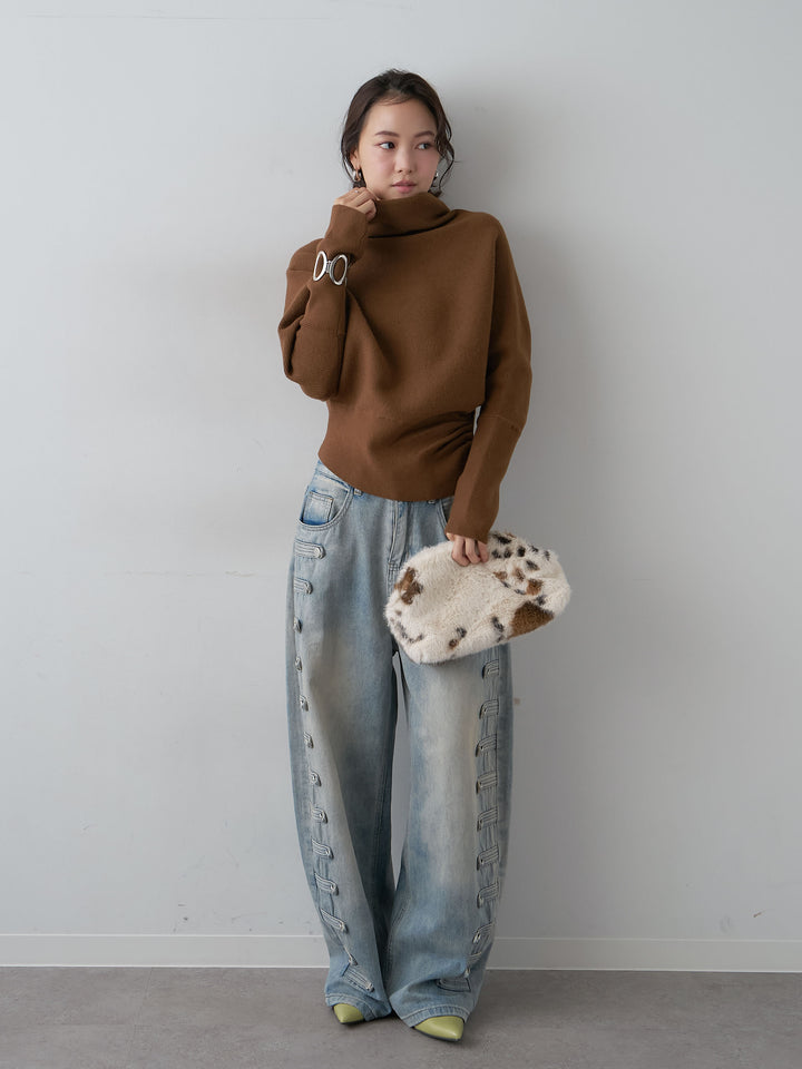 [予約]ハイネックサイドボタンギャザーニットトップス/camel
