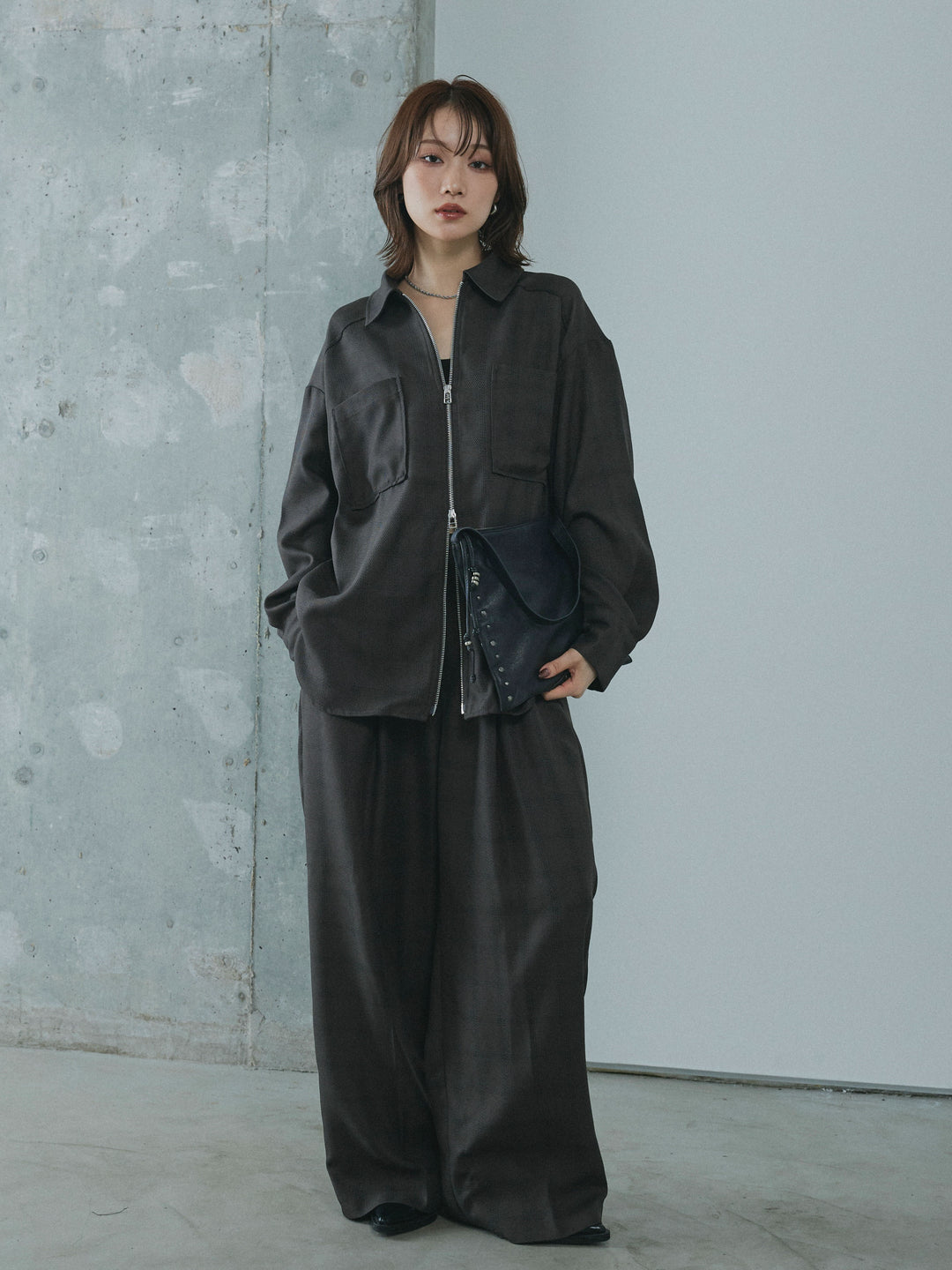 【Allure】[SET]杢チェックZIPシャツジャケット+杢チェックZIPシャツジャケット(2set)