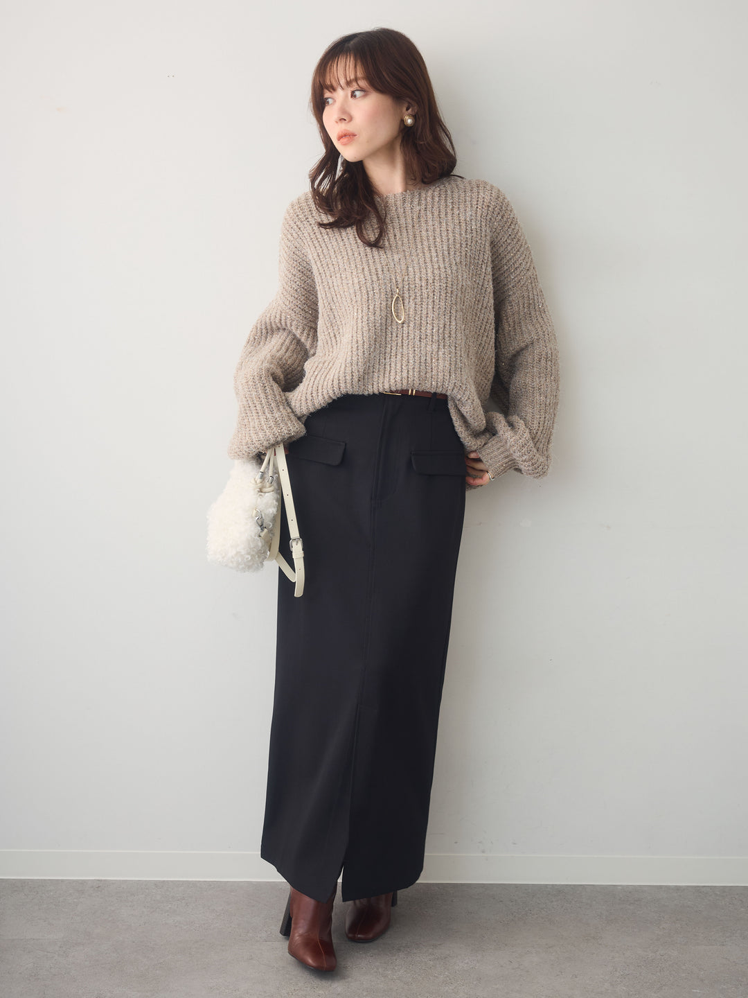 [SET]バルーンスリーブスパンリブニットトップス+クレープデシンフラップ付きストレートスカート(2set)