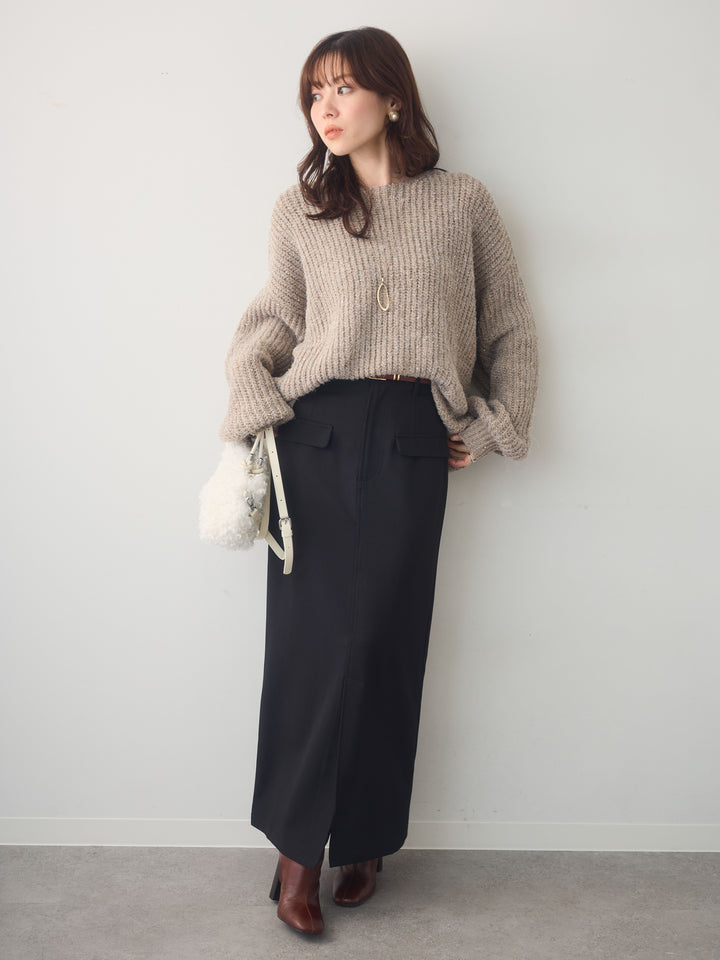 [SET]バルーンスリーブスパンリブニットトップス+クレープデシンフラップ付きストレートスカート(2set)