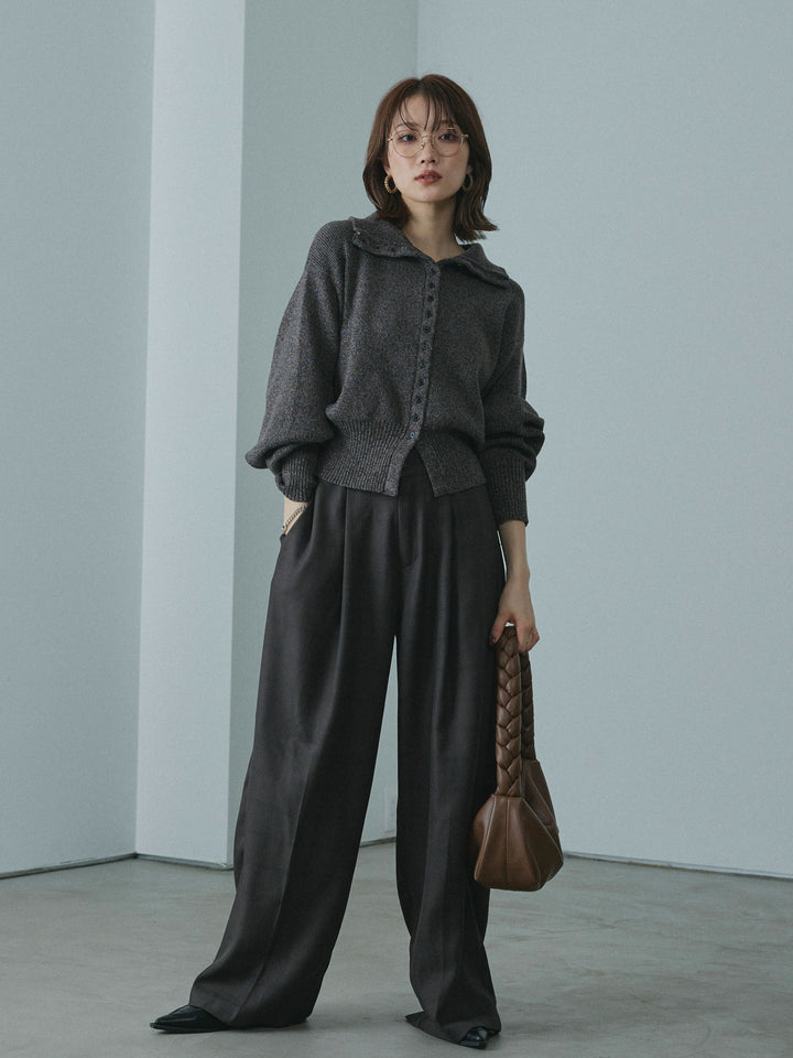 【Allure】[SET]ミックスハイネックカーディガン+杢チェックタックパンツ(2set)
